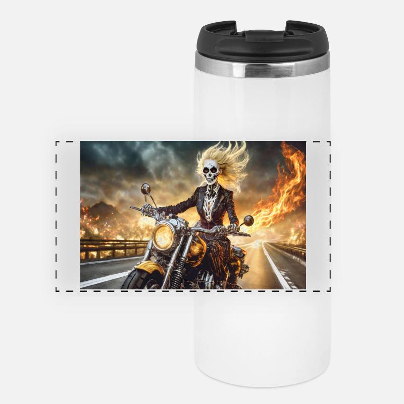 Skeleton on motorcycle in flame sky - Panoramic Thermal Cup - white