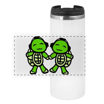 2 Schildkröten Hände halten Paar Liebe Kopfhörer - Panorama Thermobecher - Weiß - Vorne