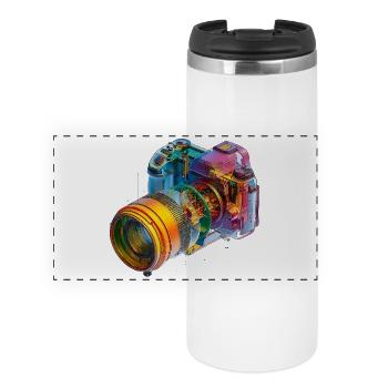 Regenbogenkamera als CAD-Design in Farbexplosion - Panorama Thermobecher - Weiß - Vorne