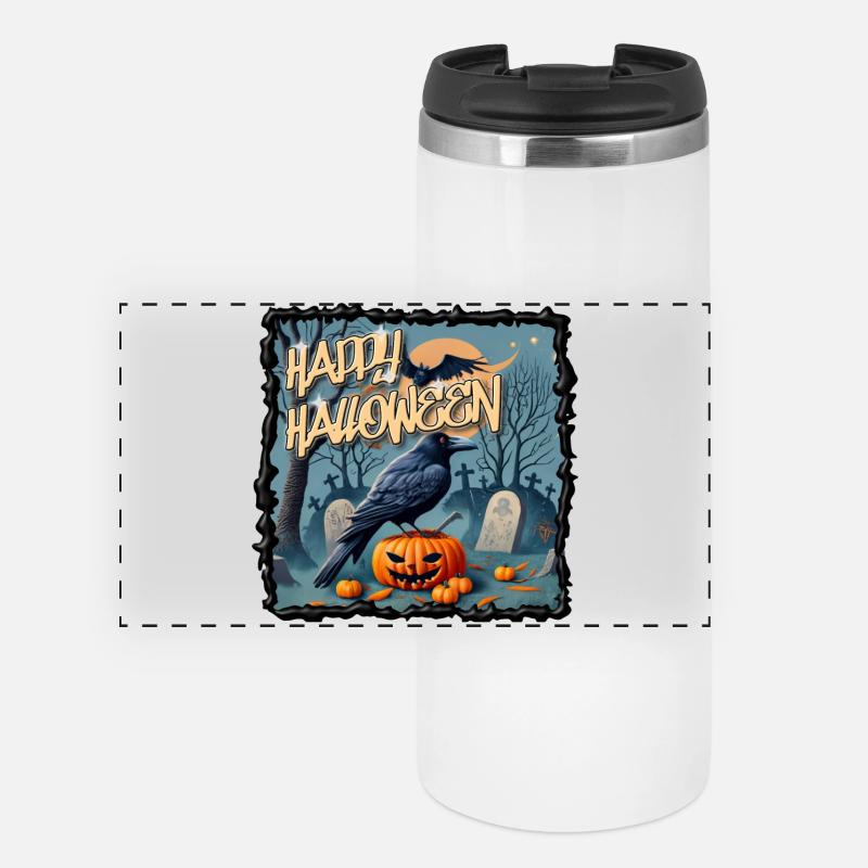 Crow over pumpkin – Spooky Halloween feeling - Panoramic Thermal Cup - white