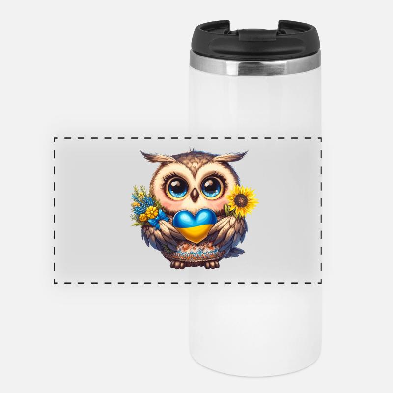 Cute owl with a blue yellow heart - Panoramic Thermal Cup - white