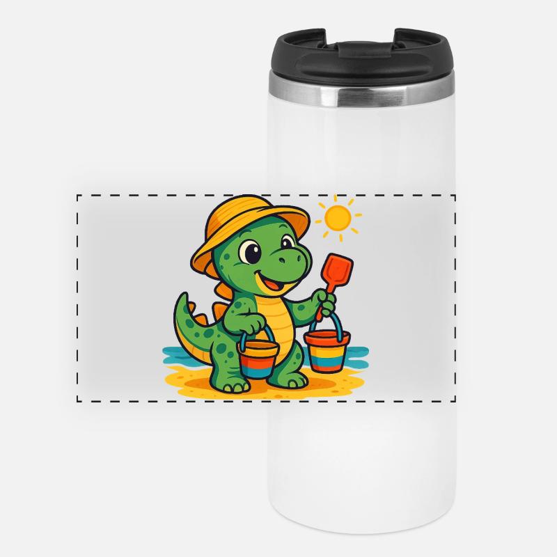 Verspielter Dinosaurier mit Sommeraccessoires - Panorama Thermobecher - Weiß