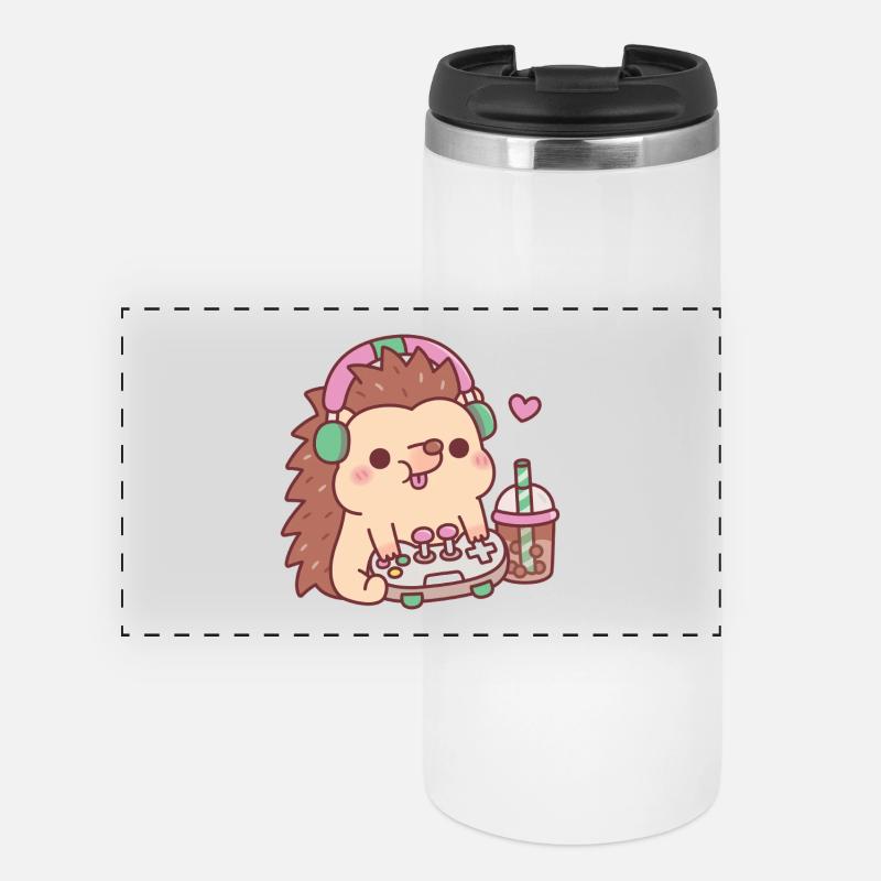 Hérisson mignon avec manette de jeu et thé boba - Mug isotherme panoramique - blanc