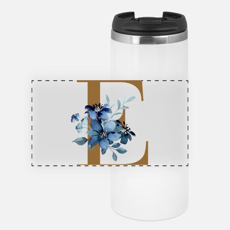 Floral E – Golden Letter with Flowers - Panoramic Thermal Cup - white