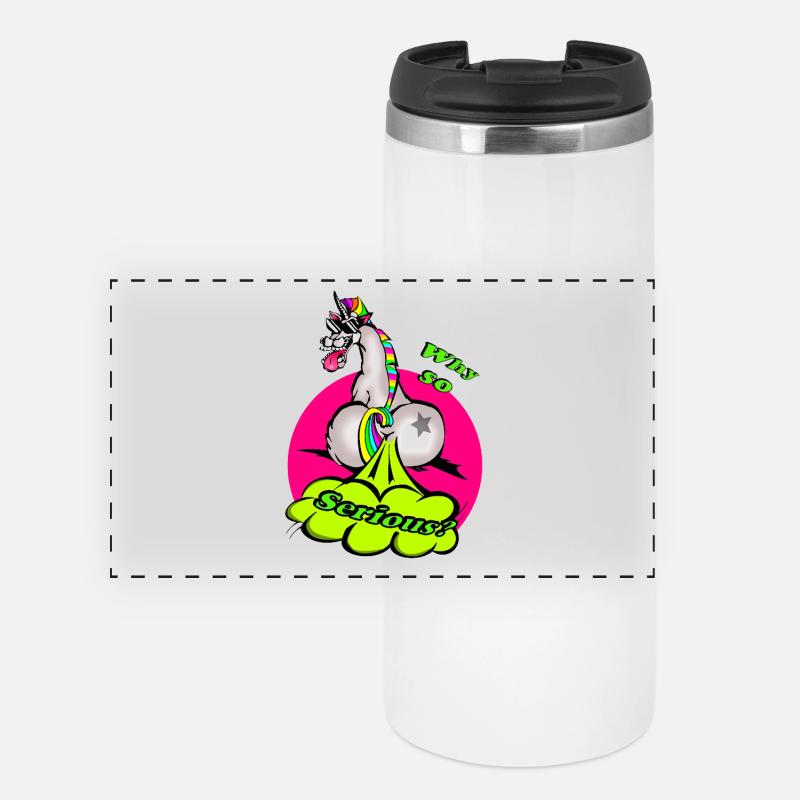 Ein buntes Einhorn mit einer humorvollen Botschaft - Panorama Thermobecher - Weiß