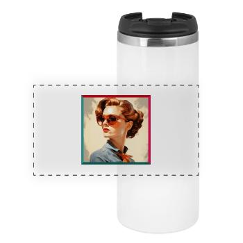 Retro Woman in Orange Eyeglasses - Panoramic Thermal Cup - white - Front