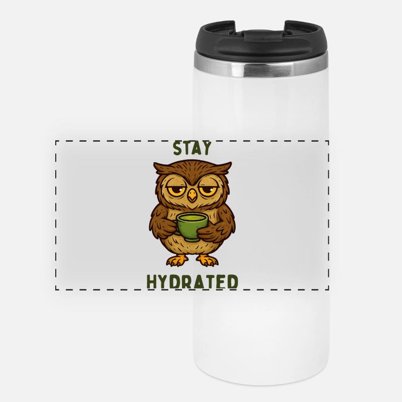 Bleib Hydriert – Eule mit Grüntee - Panorama Thermobecher - Weiß