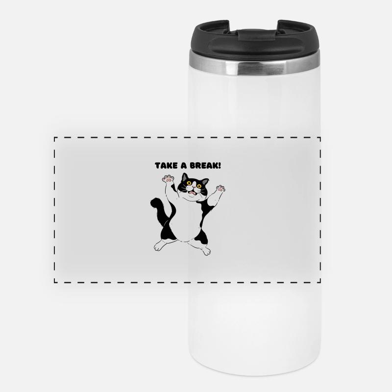 Playful Black and White Cat Illustration - Panoramic Thermal Cup - white