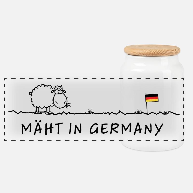 Mäht in Germany – Wortspiel Made in Germany - Panorama Keksdose mit Holzdeckel - Weiß