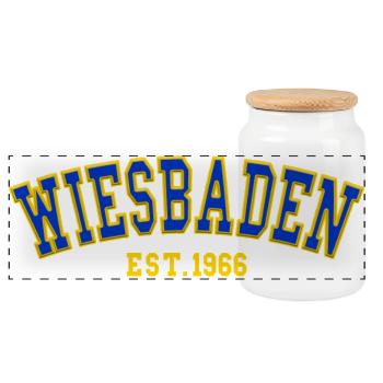 Wiesbaden gegründet 1966 - Panorama Keksdose mit Holzdeckel - Weiß - Vorne