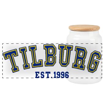 Tilburg gegründet 1996 - Panorama Keksdose mit Holzdeckel - Weiß - Vorne