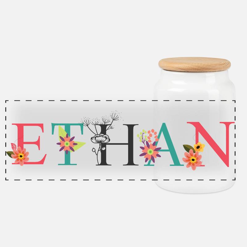 ETHAN Name Art avec des fleurs brodées - Boîte à biscuits avec couvercle en bois - blanc