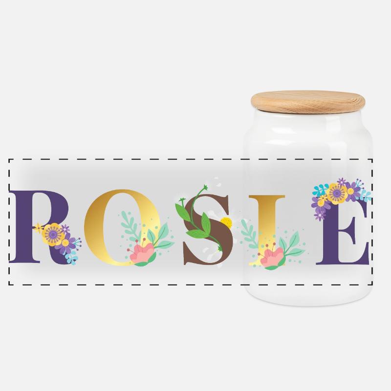 ROSIE Namenskunst mit gestickten Blumen - Panorama Keksdose mit Holzdeckel - Weiß