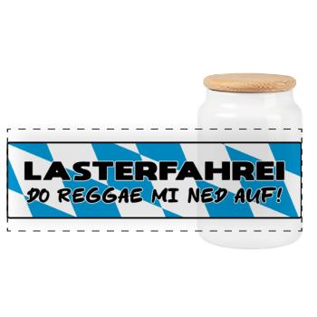 LASTERFAHREI - Do Reggae Mi Ned Auf! BAYERN Eckig - Panorama Keksdose mit Holzdeckel - Weiß - Vorne