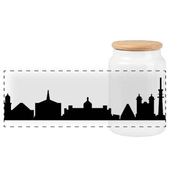 Skyline von Karlsruhe - Panorama Keksdose mit Holzdeckel - Weiß - Vorne