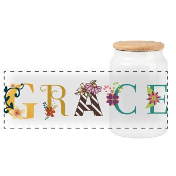GRACE Name Art With Flowers Embroidered - Panoramic Cookie Jar with Wooden Lid - white - Front