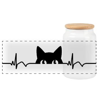 Cat ECG Heart Rate Heartbeat - Panoramic Cookie Jar with Wooden Lid - white - Front