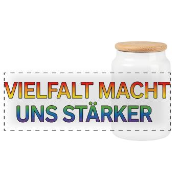 Vielfalt Macht Uns Stärker - Panorama Keksdose mit Holzdeckel - Weiß - Vorne