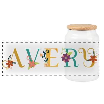 Art du nom AVERY avec fleurs brodées - Boîte à biscuits avec couvercle en bois - blanc - Devant