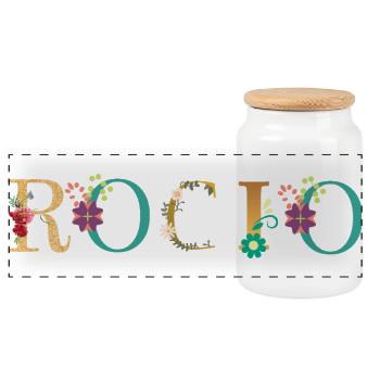 ROCIO name decorated with flowers - Panoramic Cookie Jar with Wooden Lid - white - Front