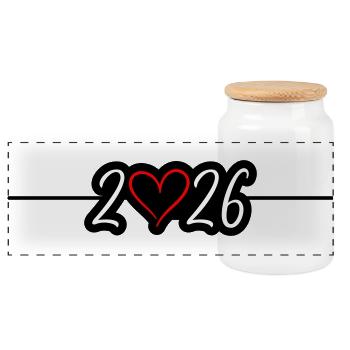 2026 Heart - Panoramic Cookie Jar with Wooden Lid - white - Front