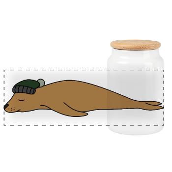 Cute Sleeping Seal Beanie Hat Simple Animal Sketch - Panoramic Cookie Jar with Wooden Lid - white - Front