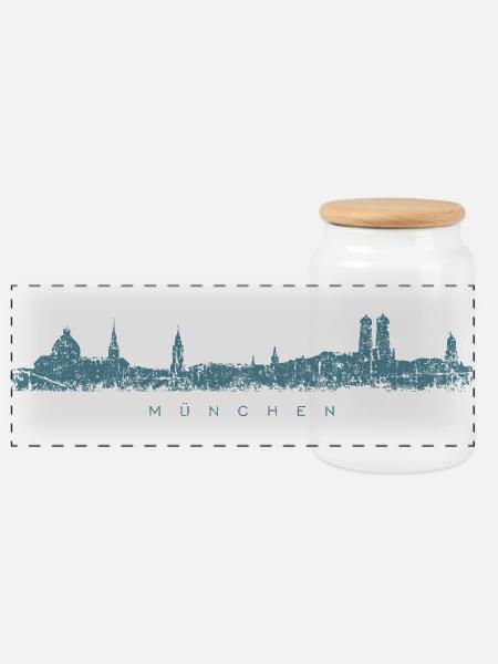München Skyline (Vintage/Blau) - Panorama Keksdose mit Holzdeckel - Weiß