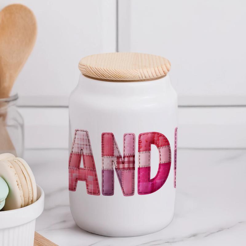 Grandmother Pink Plaid Letters Patchwork Panoramic Cookie Jar with Wooden Lid