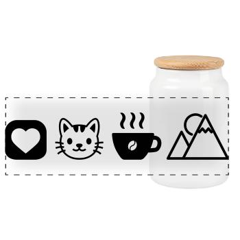 Simple Hobby Icons Cats Coffee Mountains Love - Panoramic Cookie Jar with Wooden Lid - white - Front