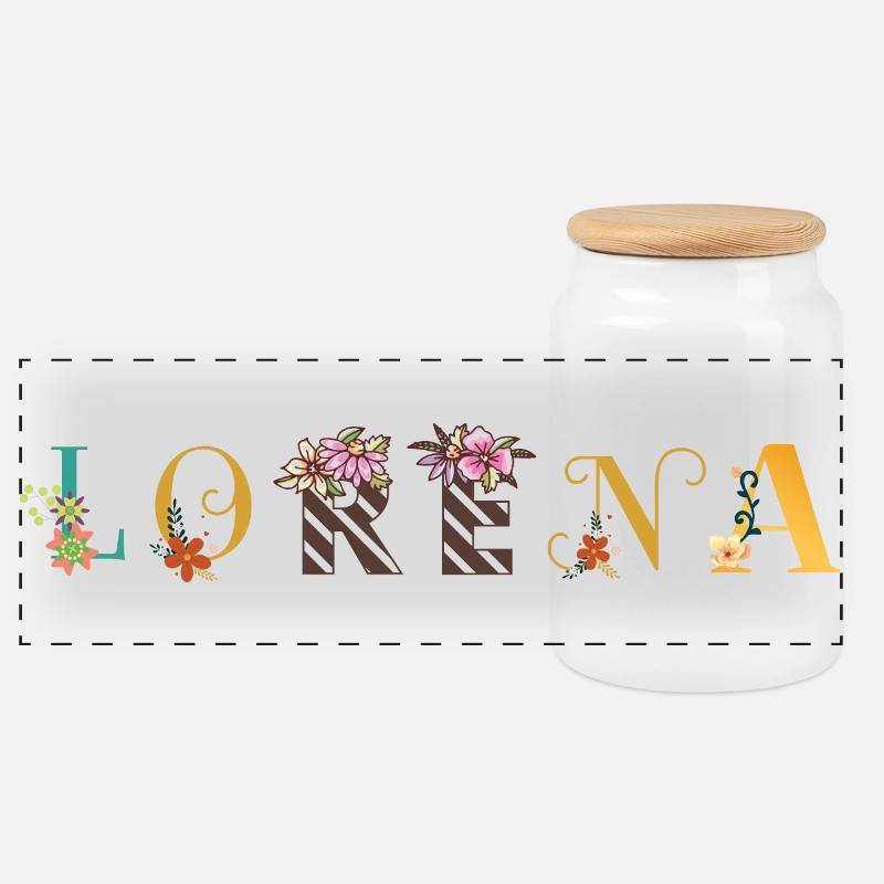 LORENA Namenskunst mit Blumen bestickt - Panorama Keksdose mit Holzdeckel - Weiß