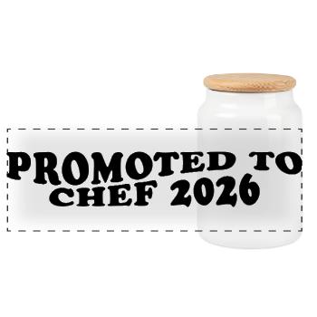Promoted to Chef 2026 – Lustiges Koch Design - Panorama Keksdose mit Holzdeckel - Weiß - Vorne
