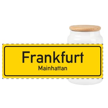Frankfurter Ortsschild Deutschland - Panorama Keksdose mit Holzdeckel - Weiß - Vorne