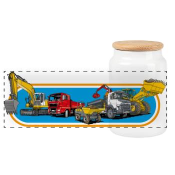Construction Machinery Park - Panoramic Cookie Jar with Wooden Lid - white - Front