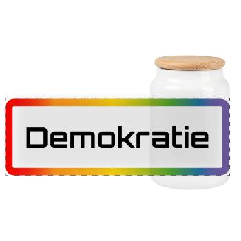 Regenbogen T-Shirt mit Schriftzug Demokratie - Panorama Keksdose mit Holzdeckel - Weiß - Vorne