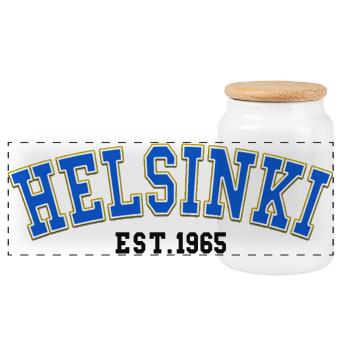 Helsinki, gegründet 1965 - Panorama Keksdose mit Holzdeckel - Weiß - Vorne