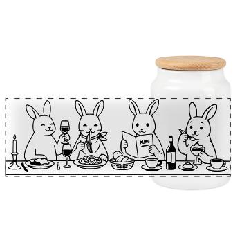 Dining Rabbits - Panoramic Cookie Jar with Wooden Lid - white - Front