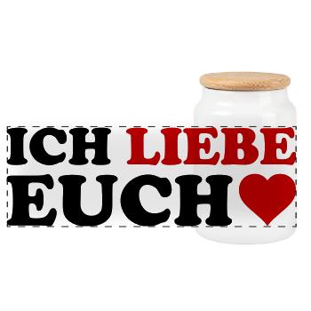 LIEBE Herzrot – Rotes Wortkunst-Design - Panorama Keksdose mit Holzdeckel - Weiß - Vorne