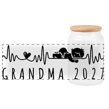 Zukünftige Großmutter 2027 Herzschlag-Baby-Ankündigung - Panorama Keksdose mit Holzdeckel - Weiß - Vorne
