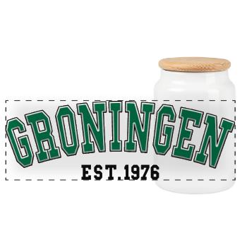 Groningen gegründet 1976 - Panorama Keksdose mit Holzdeckel - Weiß - Vorne