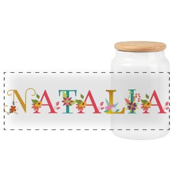 NATALIA name adorned with flowers - Panoramic Cookie Jar with Wooden Lid - white - Front