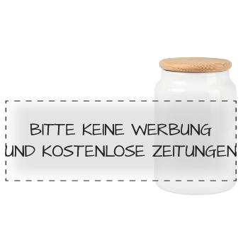 Bitte keine Werbung & Zeitungen–Briefkasten Design - Panorama Keksdose mit Holzdeckel - Weiß - Vorne