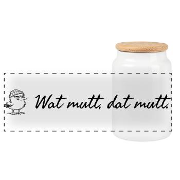 Wat mutt dat mutt plattdeutscher Spruch mit Möwe - Panorama Keksdose mit Holzdeckel - Weiß - Vorne