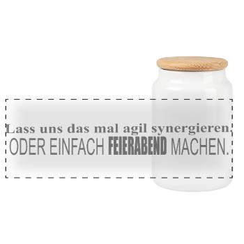 Synergieren oder Feierabend - Panorama Keksdose mit Holzdeckel - Weiß - Vorne