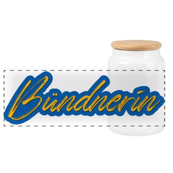 Bündnerin Schriftzug gelb-blau - Panorama Keksdose mit Holzdeckel - Weiß - Vorne