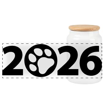Dog 2026, Pet 2026, Paw 2026 - Panoramic Cookie Jar with Wooden Lid - white - Front