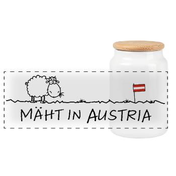 Mäht in Austria – Austria: Humor with humour - Panoramic Cookie Jar with Wooden Lid - white - Front