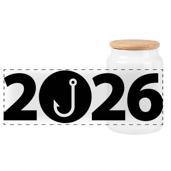 Fischer 2026, Angler 2026, Angelhaken 2026 - Panorama Keksdose mit Holzdeckel - Weiß - Vorne