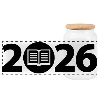 Book 2026, Education 2026, Library 2026 - Panoramic Cookie Jar with Wooden Lid - white - Front