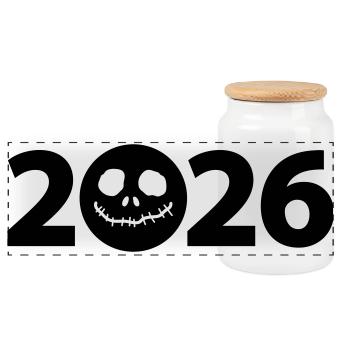 Skull 2026 Halloween 2026 Jack-O-Lantern 2026 - Panoramic Cookie Jar with Wooden Lid - white - Front