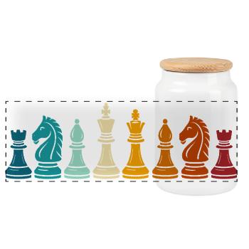 Rainbow Chess Game Pieces - Panoramic Cookie Jar with Wooden Lid - white - Front